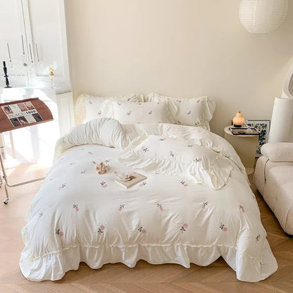 3pcs Rose Embroidered Duvet Cover Set ,(1*Duvet Cover + 2*Pillowcase, Without Core), Princess Style Lace Bedding Set.
