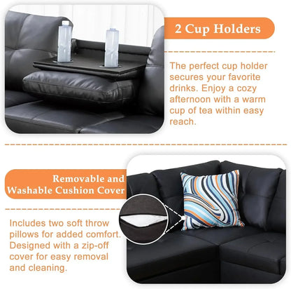 Sectional Sofa Couch, Modern 4-Seaters Living Room Furniture Sets, with Chaise Lounge, Ottoman & 2 Pillows | L Shape Couch.