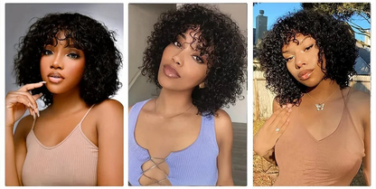 Highlight Honey Blonde Jerry Curly Pixie Bob Wig with Bangs | Full Machine Made Human Hair