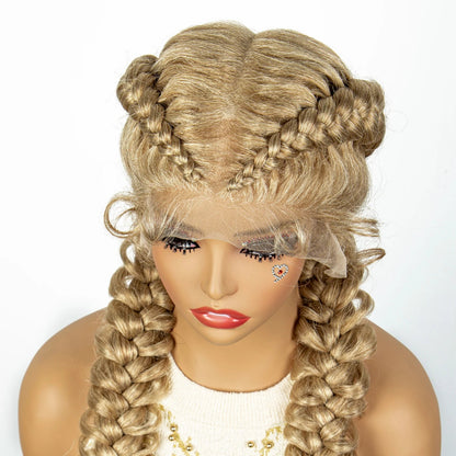 1B/30 Dark Brown Dutch Box Braids Wig | Synthetic Lace Frontal | Fishtail Braids | With Baby Hair | For Black Women
