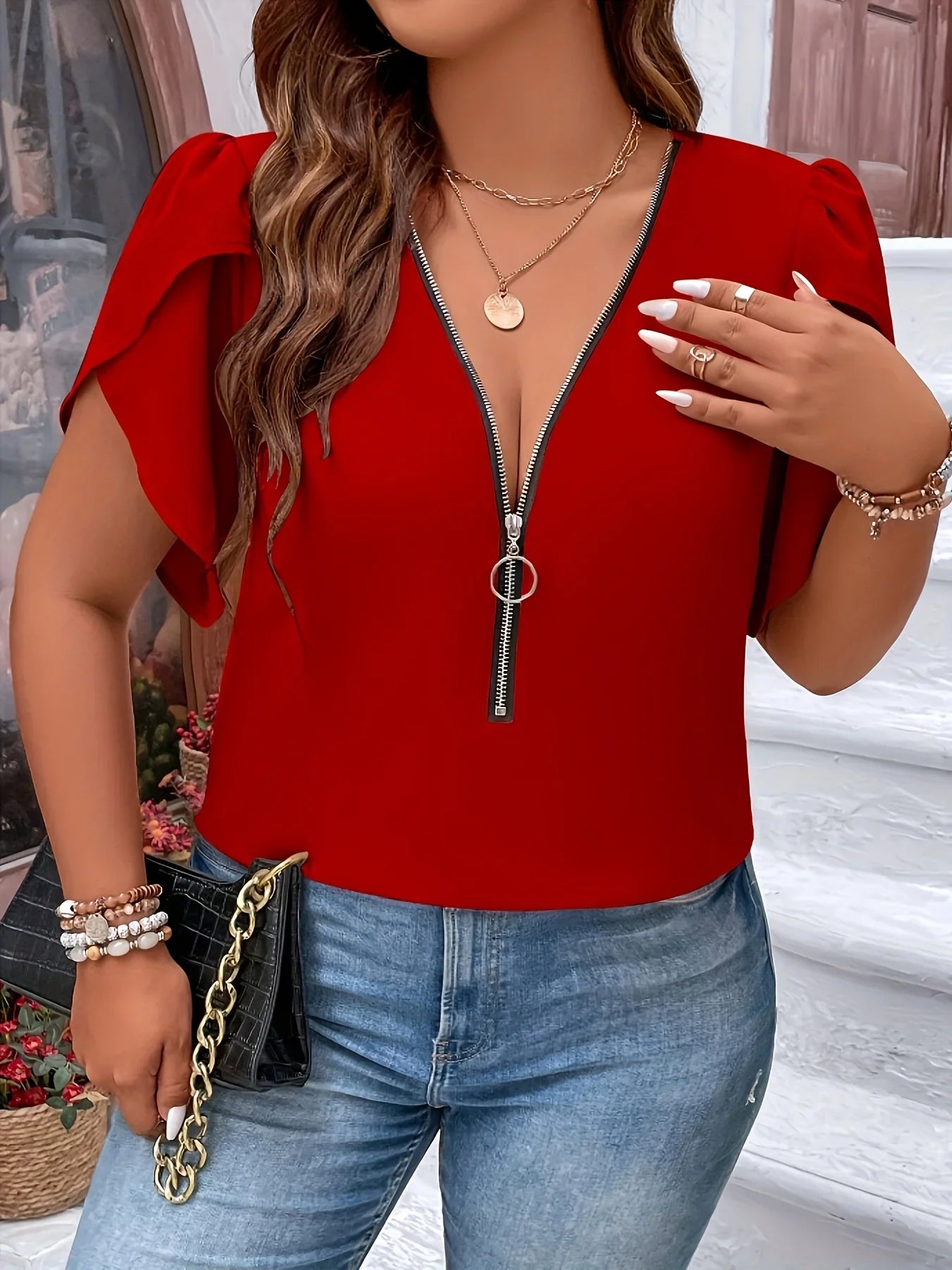 Plus Size Summer Women Elegant Zipper Chiffon Blouses, Casual Office Lady Solid Tops.