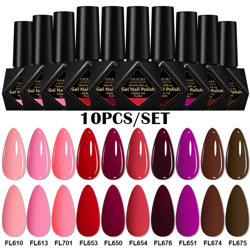 10pcs 10ml Gel Nail Polish Set, HEMA TPO Free, Red ,Coffee Brown, Semi Permanent Soak Off ,UV Gel Varnish For Winter Nail Supplies.