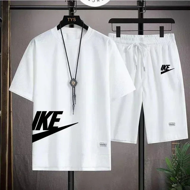 summer men casual short sleeved T-shirt shorts sports set, outdoor breathable jogging shorts 2-piece set.