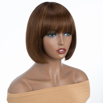 Rebecca Orange Blonde & 99J Red Straight Bob Wig with Bangs | Human Hair Machine Made