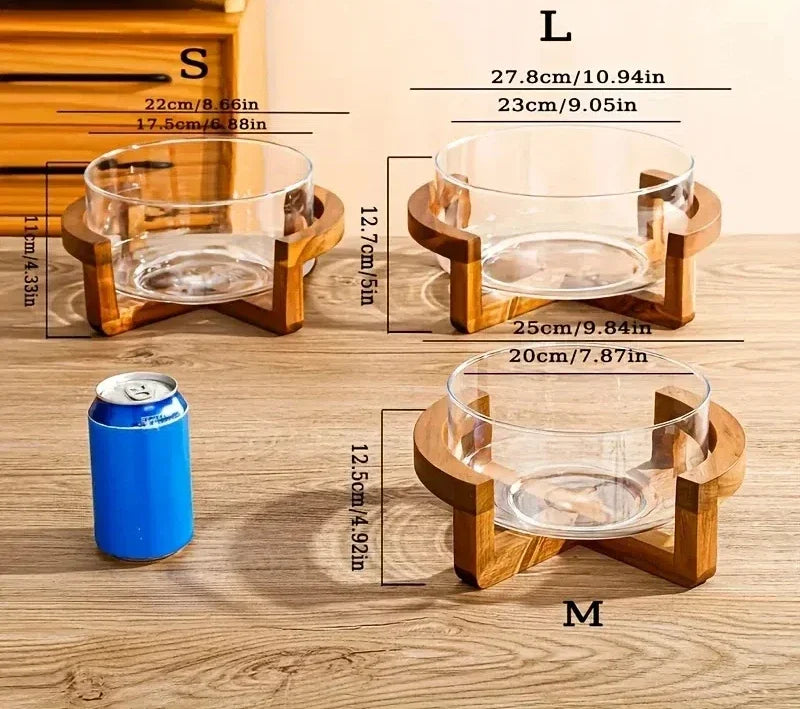 Elegant Glass Salad Bowl Set with Wooden Base.