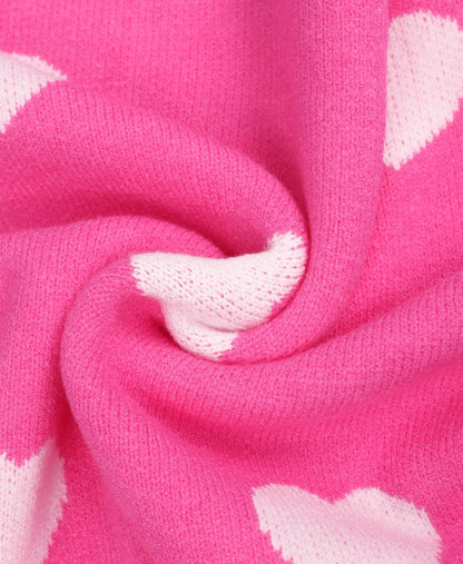 Women's Hot Pink, Oversized Knit Sweater Heart Pattern, Crew Neck Sweater.