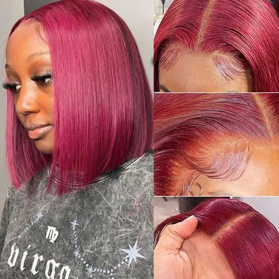 Brazilian  HD Transparent Short Bob Human Hair Wigs Highlight Burgundy 99J Straight
