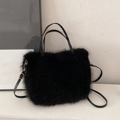 Faux Fur Tote Bag Women's | Bucket Plush Luxury Design Ladies Handbags & Soft Winter Crossbody Shoulder Bags (Bolsa Feminina)