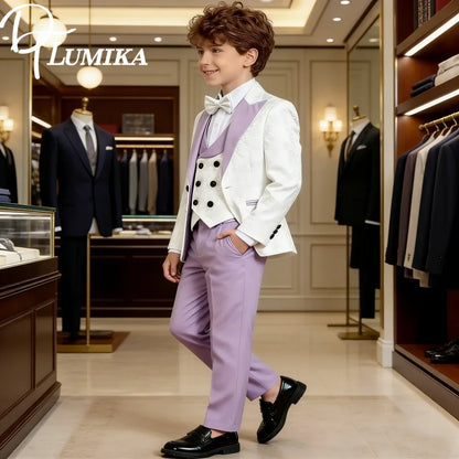 Kids White And Purple Contrast Formal Suit Set, Four Piece Design Elegant Wear For Boys.