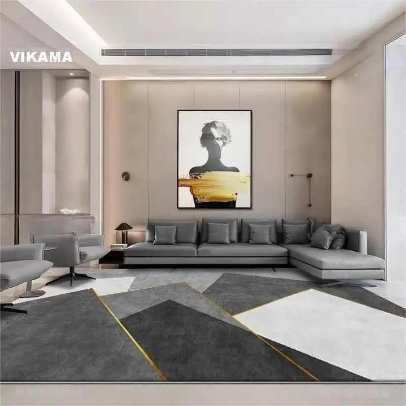 Minimalist Geometric Large Carpet, Anti-slip Floor Rug ,with Gray Splicing Pattern, for Living Room, Bedroom Unique Decoration.