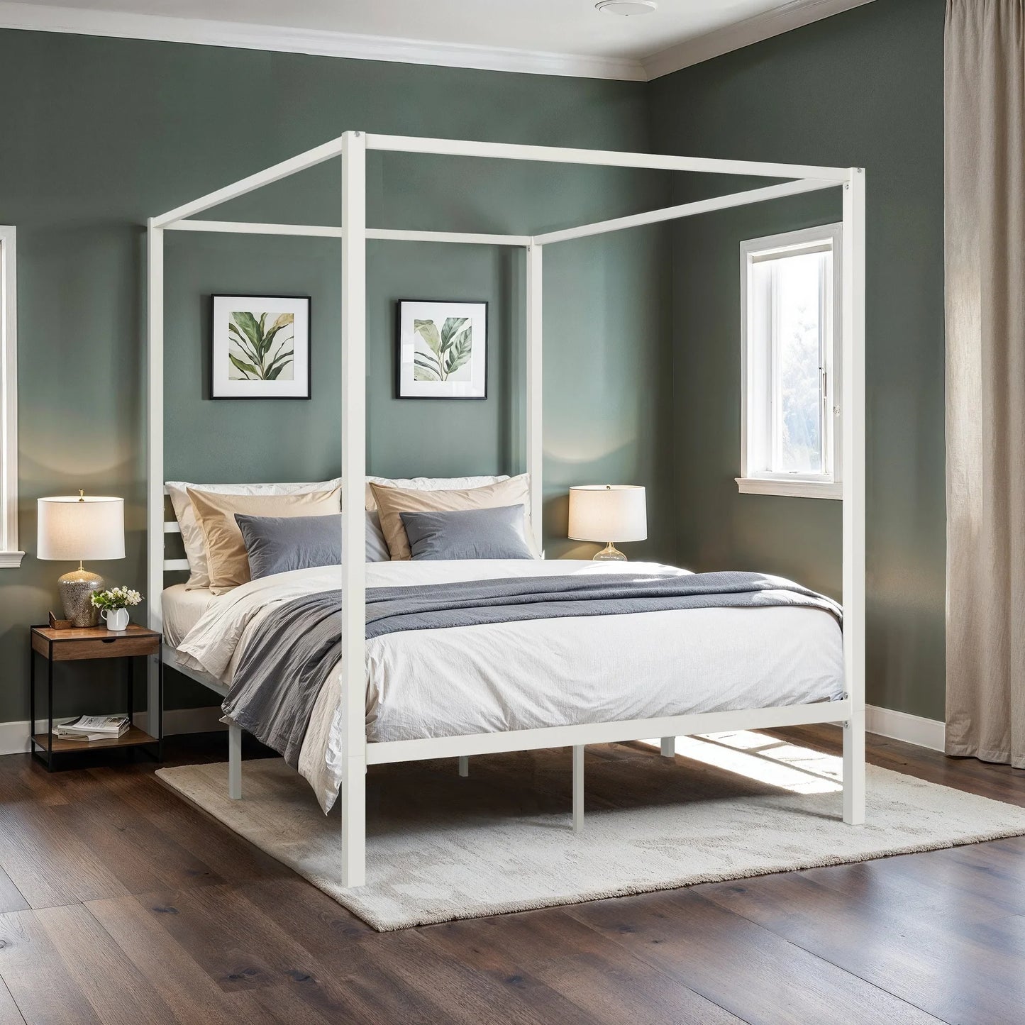 Canopy Bed Frame 4-Poster 3-Metal Crossbar, No Box Spring Needed