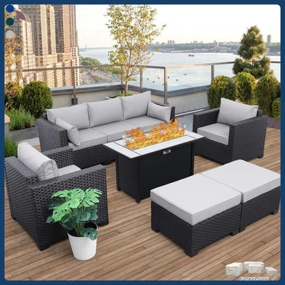 45" Light Grey 6-Piece Patio Set - 60,000 BTU Propane Fire Pit Table.