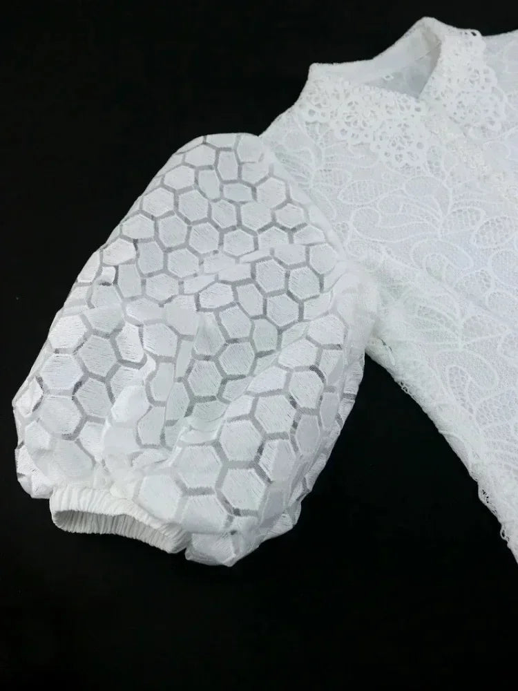 White Lace Dresses for Women , Elegant Turn Down Collar, Puff Sleeves Pleated Hem, Midi Dress Luxury Occasion Clothes.