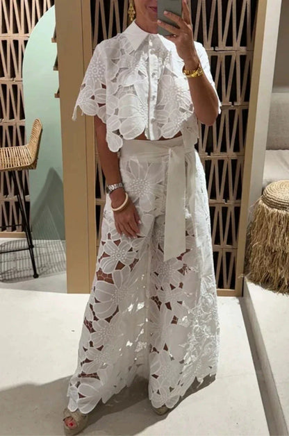 Women Set Short Sleeved Blouse Tops + Tie-up Pants Two Piece set Lace Outfit .