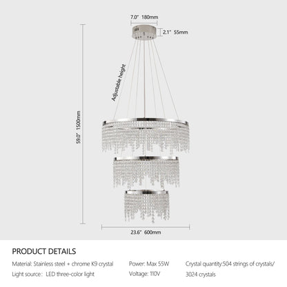 23.6-inch Crystal Chandelier, Dimmable Led Ceiling Lamp, Adjustable Color Temperature 3000K/4000K/6000K, Height Adjustable, Luxury Round Chandelier, Suitable for Living Room, Dining Room, Bedroom.