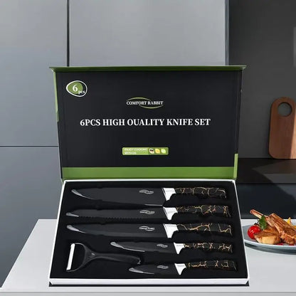 Kitchen knife set, stainless steel non-stick knife, black-edged marble, rose gold six-piece set, 2025 explosion.