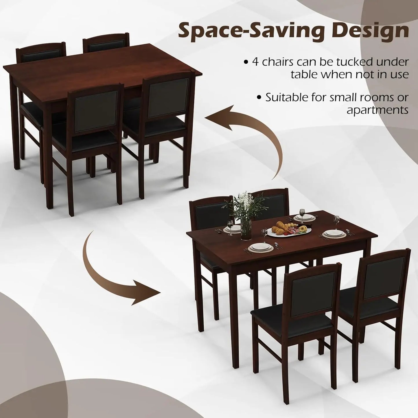 Dining Table Set for 4, Farmhouse Solid Wood Dinette Set w/Rubber Wood Legs, Upholstered Seat & Padded Backrest.