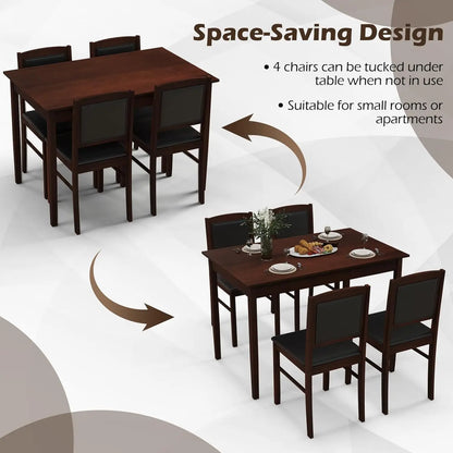 Dining Table Set for 4, Farmhouse Solid Wood Dinette Set w/Rubber Wood Legs, Upholstered Seat & Padded Backrest.