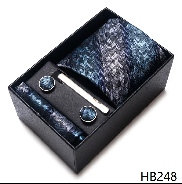 8 cm Wide Tie Sets Blue Solid Men's Neck Tie Handkerchief Cufflinks Clip Gift Silk Handmade
