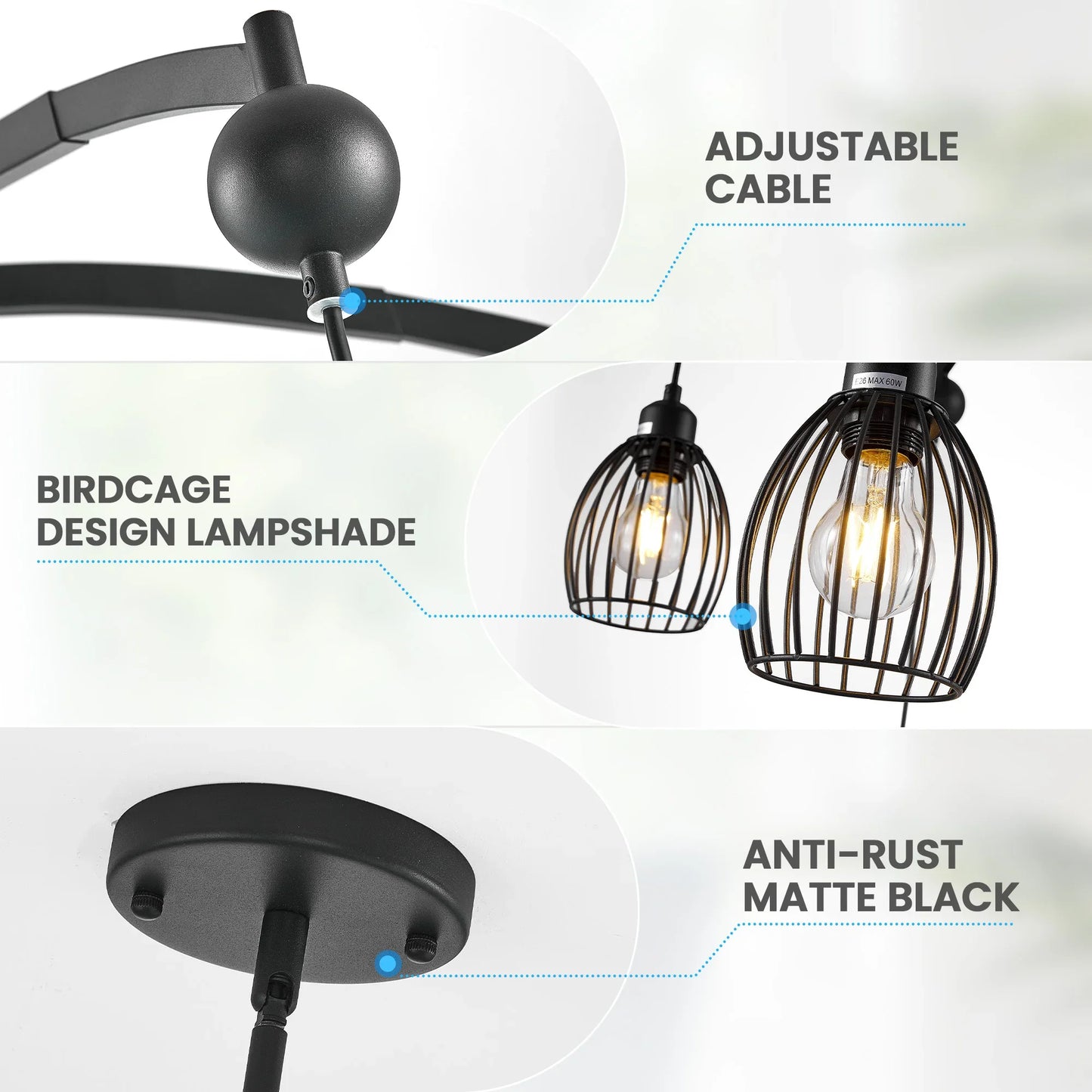 Contemporary Lighting Adjustable Farmhouse Chandelier Black Rope Pendant