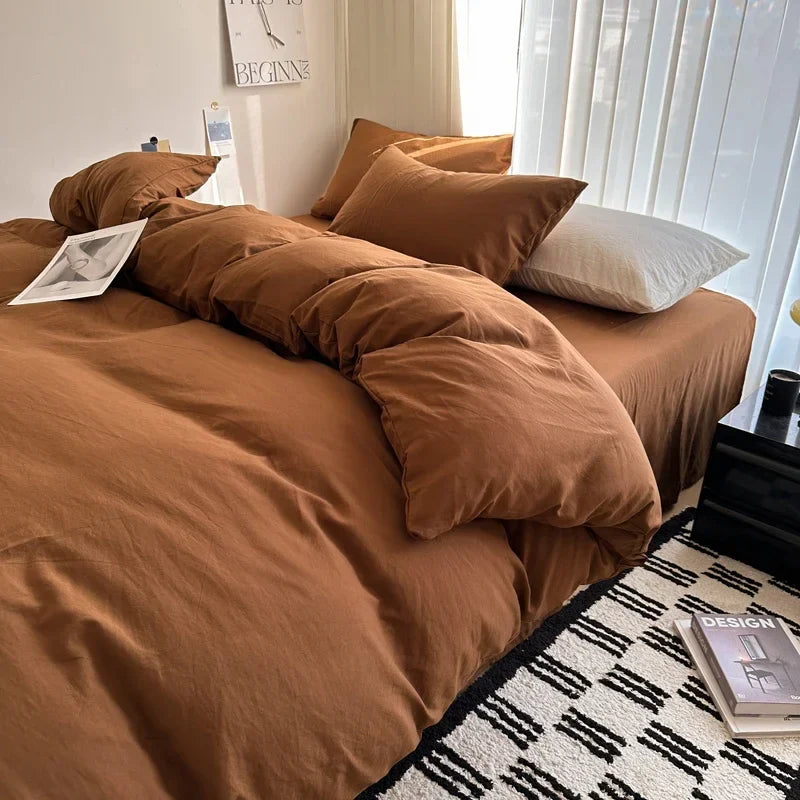 Bed Linen Solid Cotton Bedding Set, with Sheet, Duvet Cover, Pillowcases. Single Couple Bedsheet King, Queen Double Twin Size
