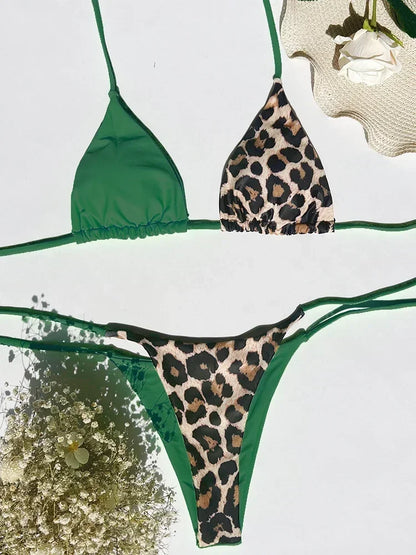 Halter Splicing Leopard Bikinis 2026 Satin Bikini Female Swimsuit Women Swimwear.