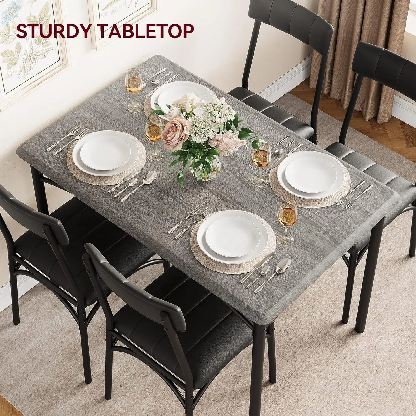 5-Piece Industrial Dining Table Set, Compact Kitchen Table & 4 Padded Chairs, Dining Room Furniture Set for Small Space.