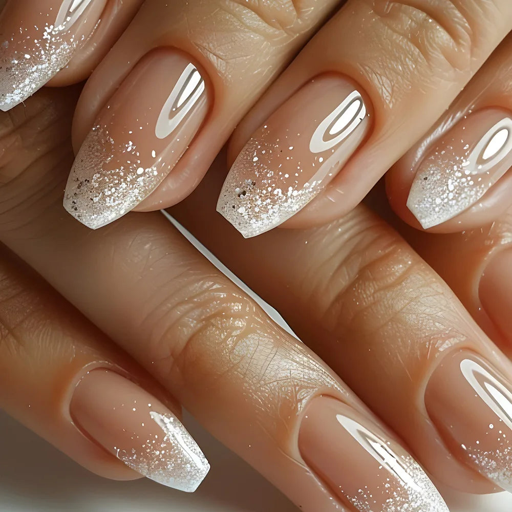 24pcs Golden Stripe Press on Nails Long Square False Nails Full Cover Nail Tips.