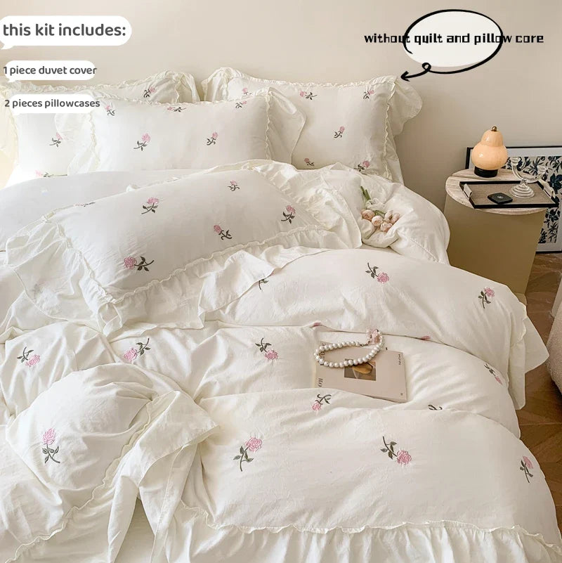 3pcs Rose Embroidered Duvet Cover Set ,(1*Duvet Cover + 2*Pillowcase, Without Core), Princess Style Lace Bedding Set.