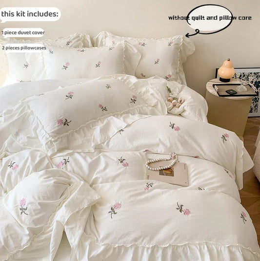 3pcs Rose Embroidered Duvet Cover Set ,(1*Duvet Cover + 2*Pillowcase, Without Core), Princess Style Lace Bedding Set.