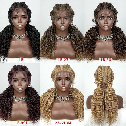 22" Box Braids Full Lace Wig | Two Curly Ponytails | Baby Hair | Synthetic Braided Wig