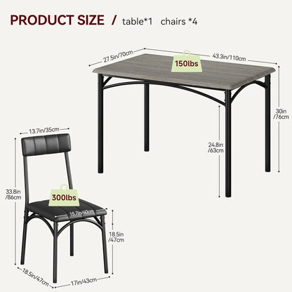 5-Piece Industrial Dining Table Set, Compact Kitchen Table & 4 Padded Chairs, Dining Room Furniture Set for Small Space.