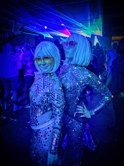Space Babes in Midnight Reflective Sequin Bodysuit | Dark Blue Black Mirror Ball Festival Jumpsuit &amp; Stage Catsuit – Manifestie