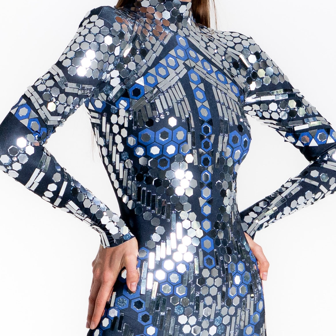 Space Babes in Midnight Reflective Sequin Bodysuit | Dark Blue Black Mirror Ball Festival Jumpsuit &amp; Stage Catsuit – Manifestie