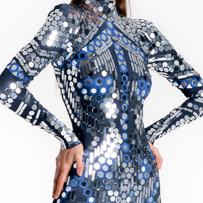 Space Babes in Midnight Reflective Sequin Bodysuit | Dark Blue Black Mirror Ball Festival Jumpsuit &amp; Stage Catsuit – Manifestie