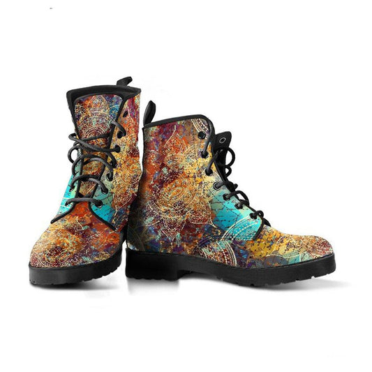 Vintage Mandala  Memory Foam Boots | All Season Lace Up Boots | Vegan Leather Combat Boot