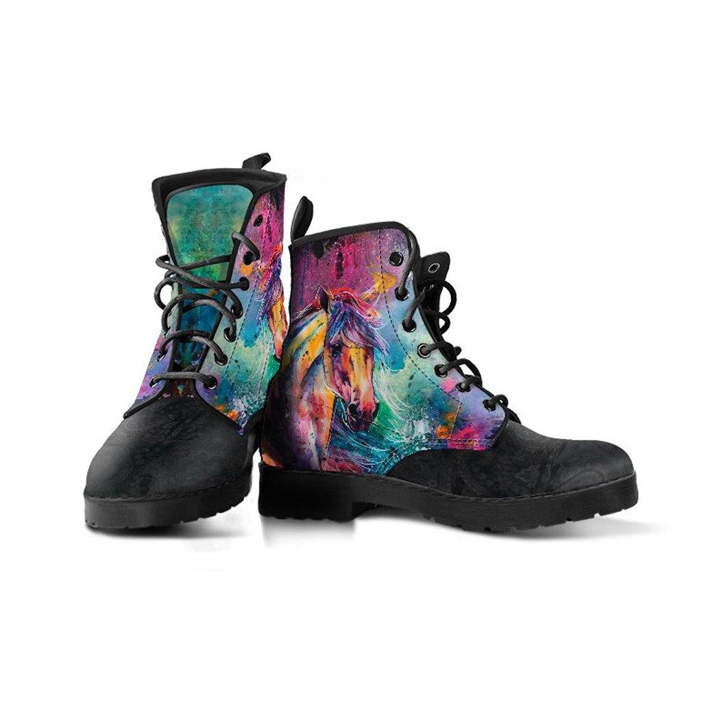Watercolor Horses  Memory Foam Boots | All Season Lace Up Boots | Vegan Leather Combat Boot