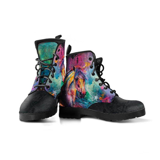 Watercolor Horses  Memory Foam Boots | All Season Lace Up Boots | Vegan Leather Combat Boot