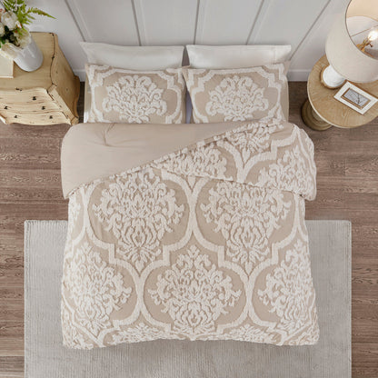 3 Piece Tufted Cotton Chenille Damask Comforter Set Taupe King/Cal King