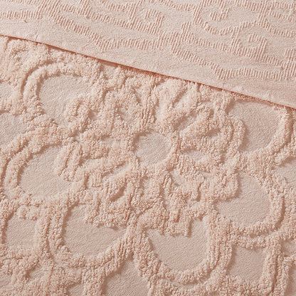 Tufted Cotton Chenille Medallion Fringe Coverlet Mini Set Blush Full/Queen