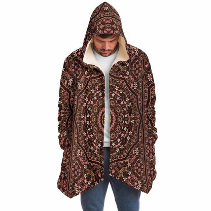 Raspberry Chocolate Persian Carpet Cuddle Cloak | Unisex Minky Sherpa Hooded Coat | Women and Mens Festival Coat | Mountain Fashion