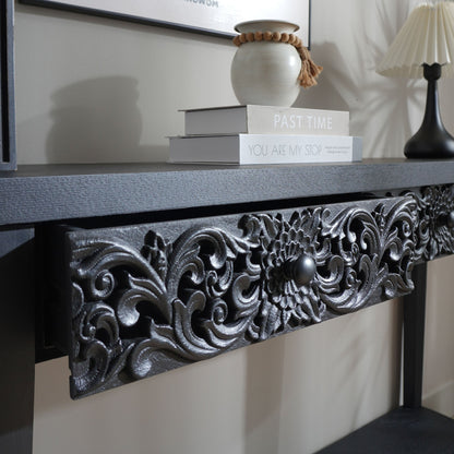 59.2in Black Carved Wooden Console Table with Lower Storage Shelf and Drawers