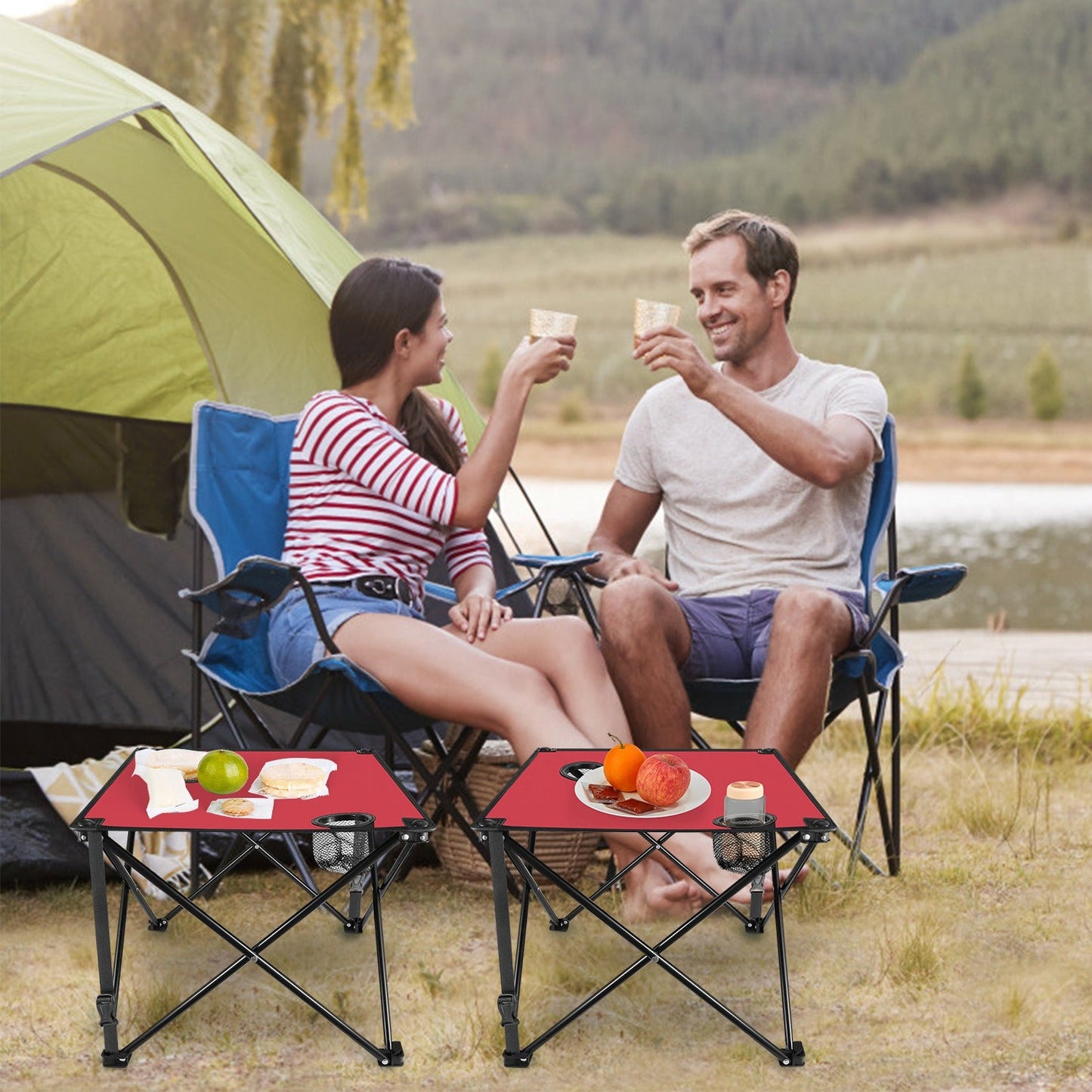 2Pcs Foldable Camping Table Portable Picnic Table Lightweight Travel Desk with 2 Cup Holders/Table Carrying Bag