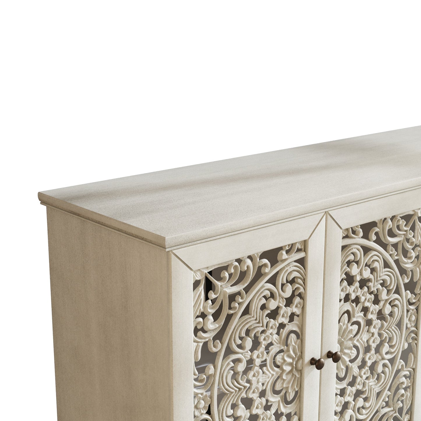 60" Antique Buffet Cabinet with Floral Carvings and Solid Wood Legs
