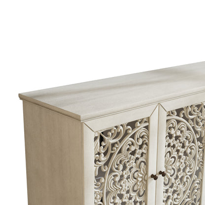 60" Antique Buffet Cabinet with Floral Carvings and Solid Wood Legs