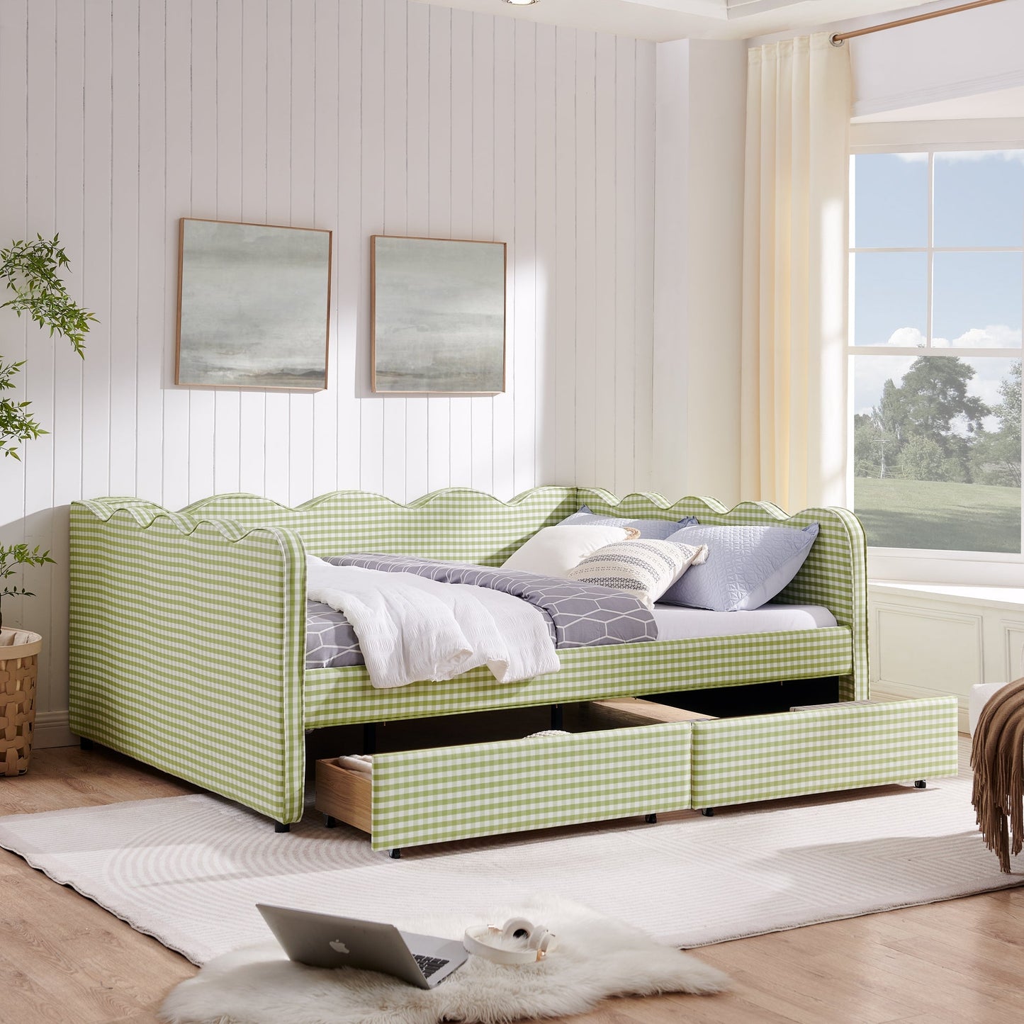 Queen Size Cozy Gingham Daybed with Two Storage Drawers and USB Port