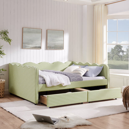 Queen Size Cozy Gingham Daybed with Two Storage Drawers and USB Port