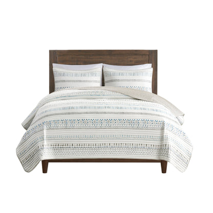 3 Piece Printed Microfiber Seersucker Quilt Set Taupe/Blue Full/Queen