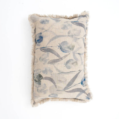 Linen Printed Lumbar Throw Pillow with Fringes (Blue & Grey) 16x24