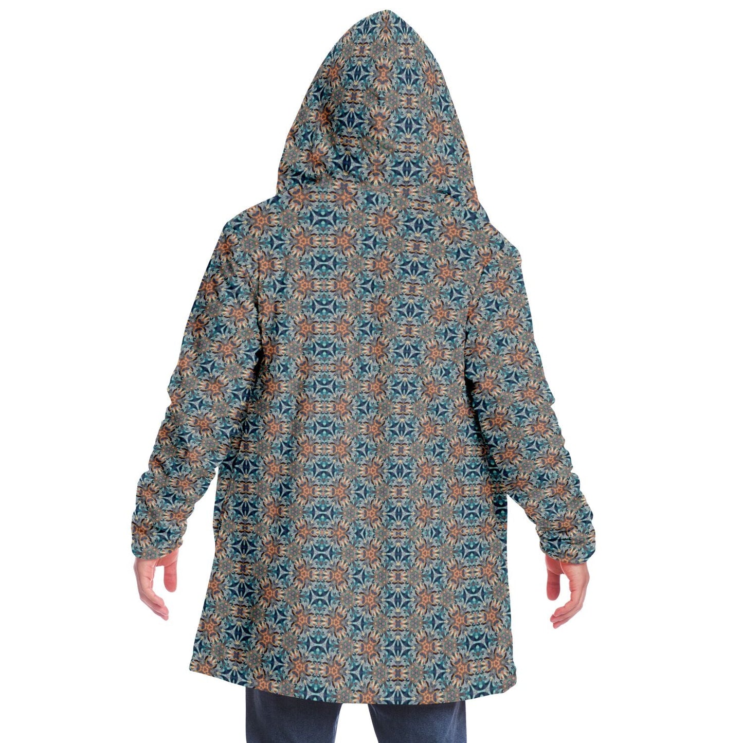 Mystic Mirror Cuddle Cloak |  Orange, Blue Face | Unisex Minky Sherpa Lined Hooded Coat | Women and Mens Festival Coat | Mountain Fashion